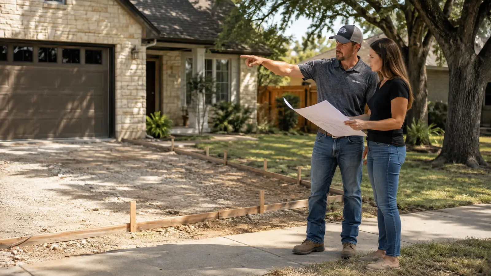 Concrete contractor reviewing project plans with a North Texas homeowner