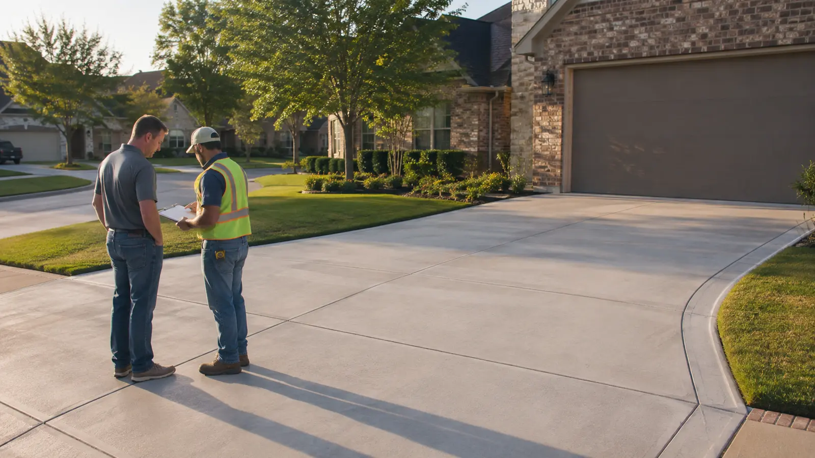 Concrete contractor reviewing a driveway estimate with a North Texas homeowner