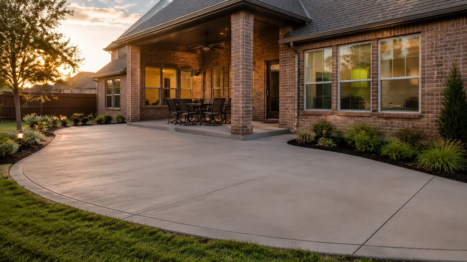 Completed concrete patio behind a North Texas brick home